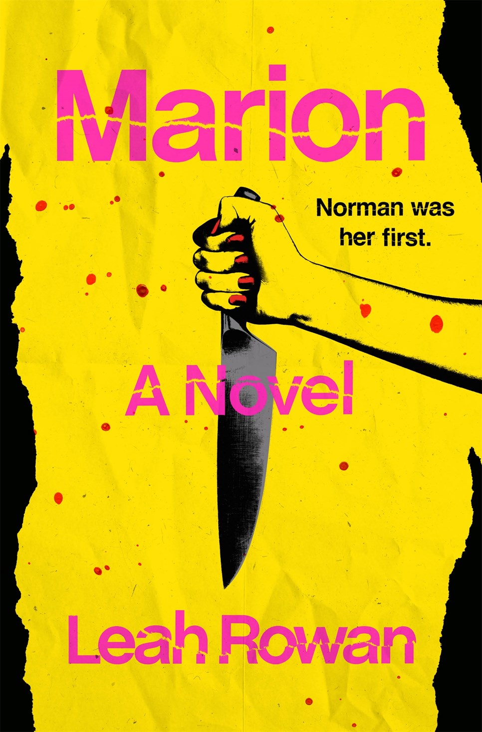 Dark and atmospheric book cover of Marion by Leah Rowan, showing a sharp metallic silver knife edge reflecting a vintage motel neon light.