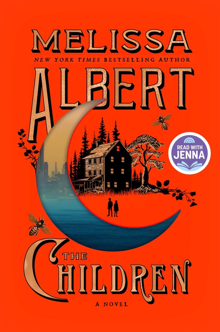 A haunting, gothic book cover of The Children by Melissa Albert casting shadows across a dark, overgrown forest path.