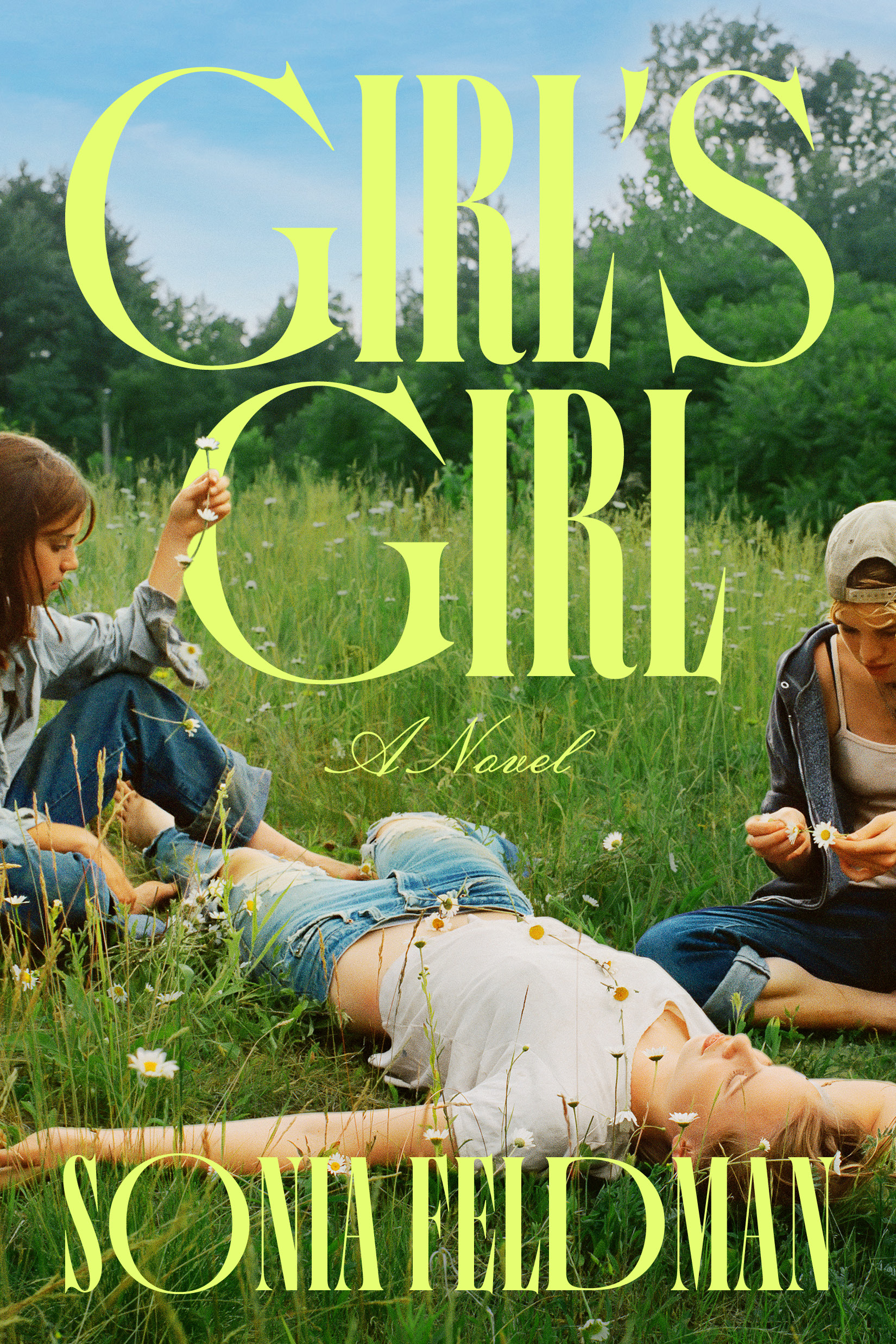 The striking minimalist book cover of Girls Girl by Sonia Feldman, featuring an ominous academic backdrop that perfectly captures the novel's dark satirical tone.