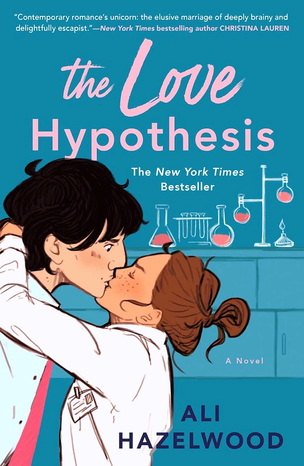 Front cover of The Love Hypothesis by Ali Hazelwood, showing an illustrated couple embracing against a purple backdrop with scientific elements.