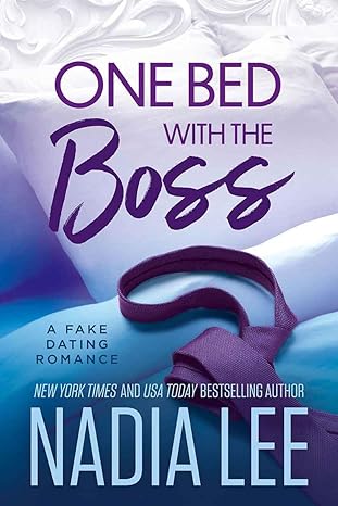 A luxurious boutique hotel suite featuring a singular, elegantly made king-sized bed under dim, atmospheric lighting, capturing the high-stakes forced proximity romance mood of Nadia Lee's One Bed with the Boss.