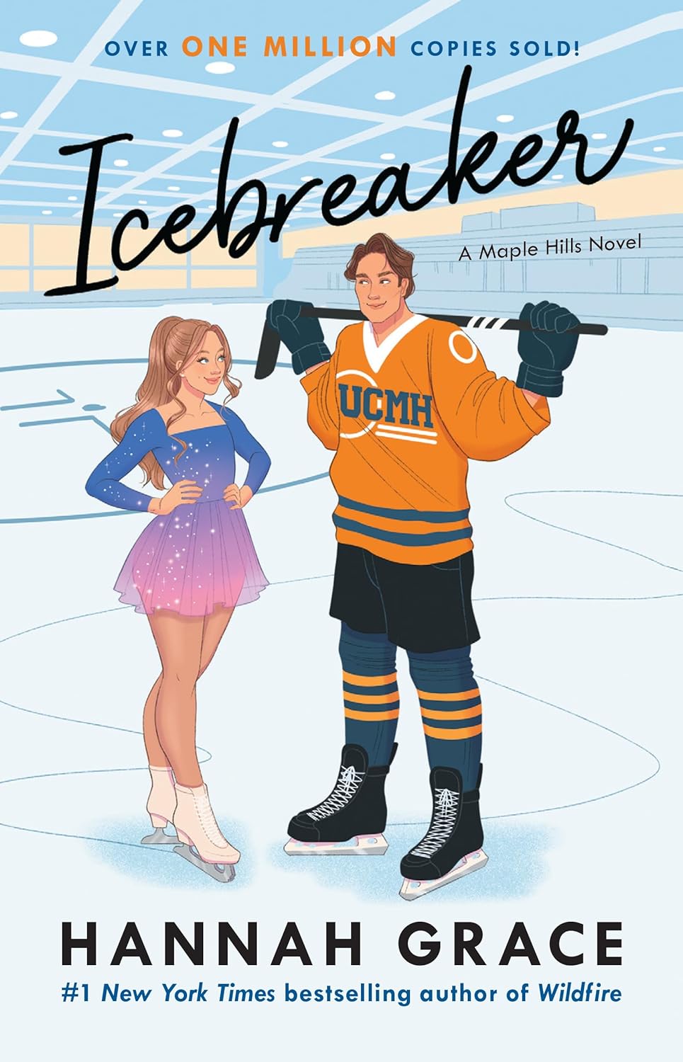 The illustrated book cover of Icebreaker by Hannah Grace, featuring a figure skater and a hockey player on an ice rink, ideal for an Icebreaker Hannah Grace review.