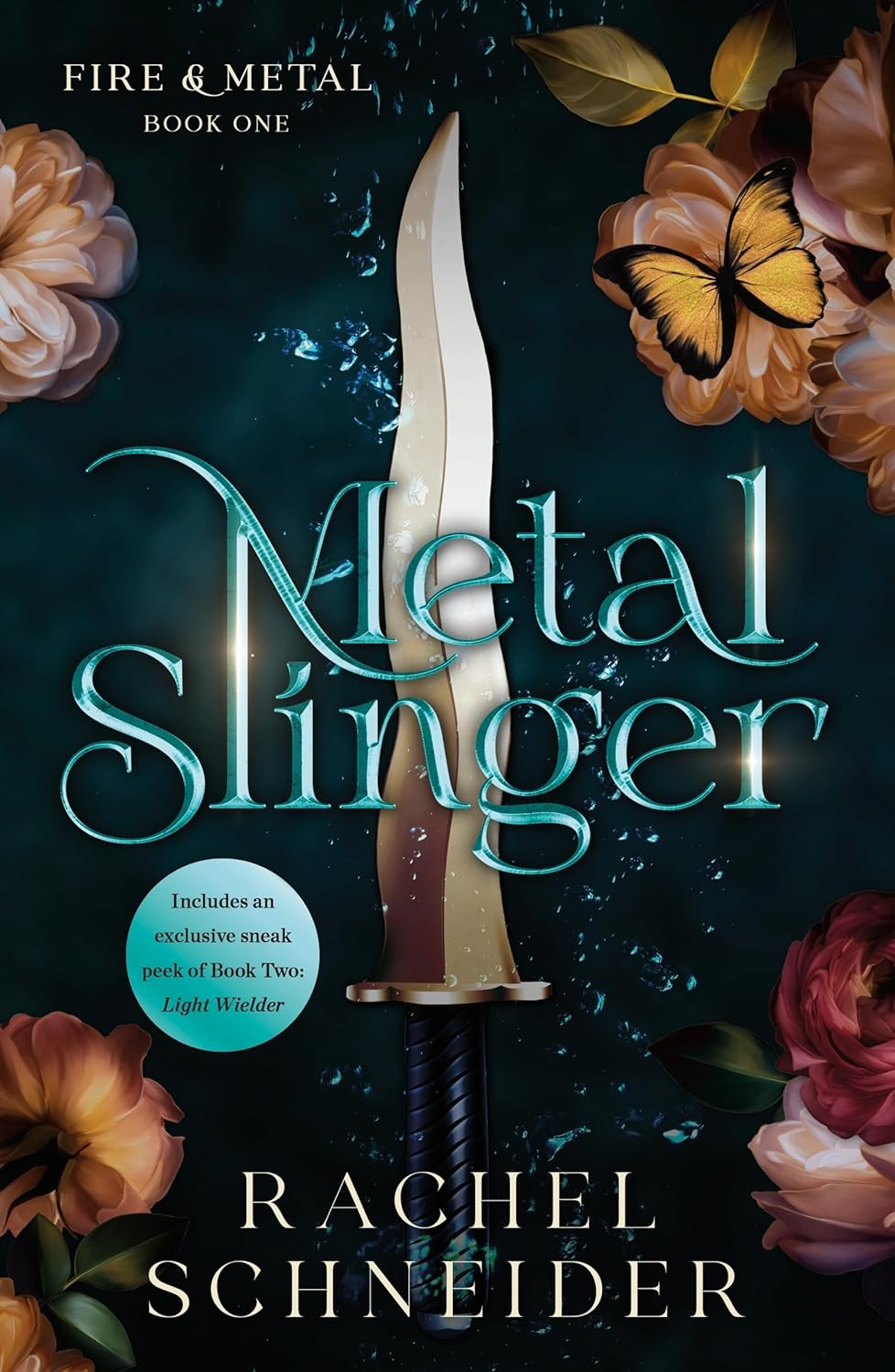 Official book cover of Metal Slinger by Rachel Schneider featuring a central curved dagger surrounded by orange flowers and a golden butterfly.