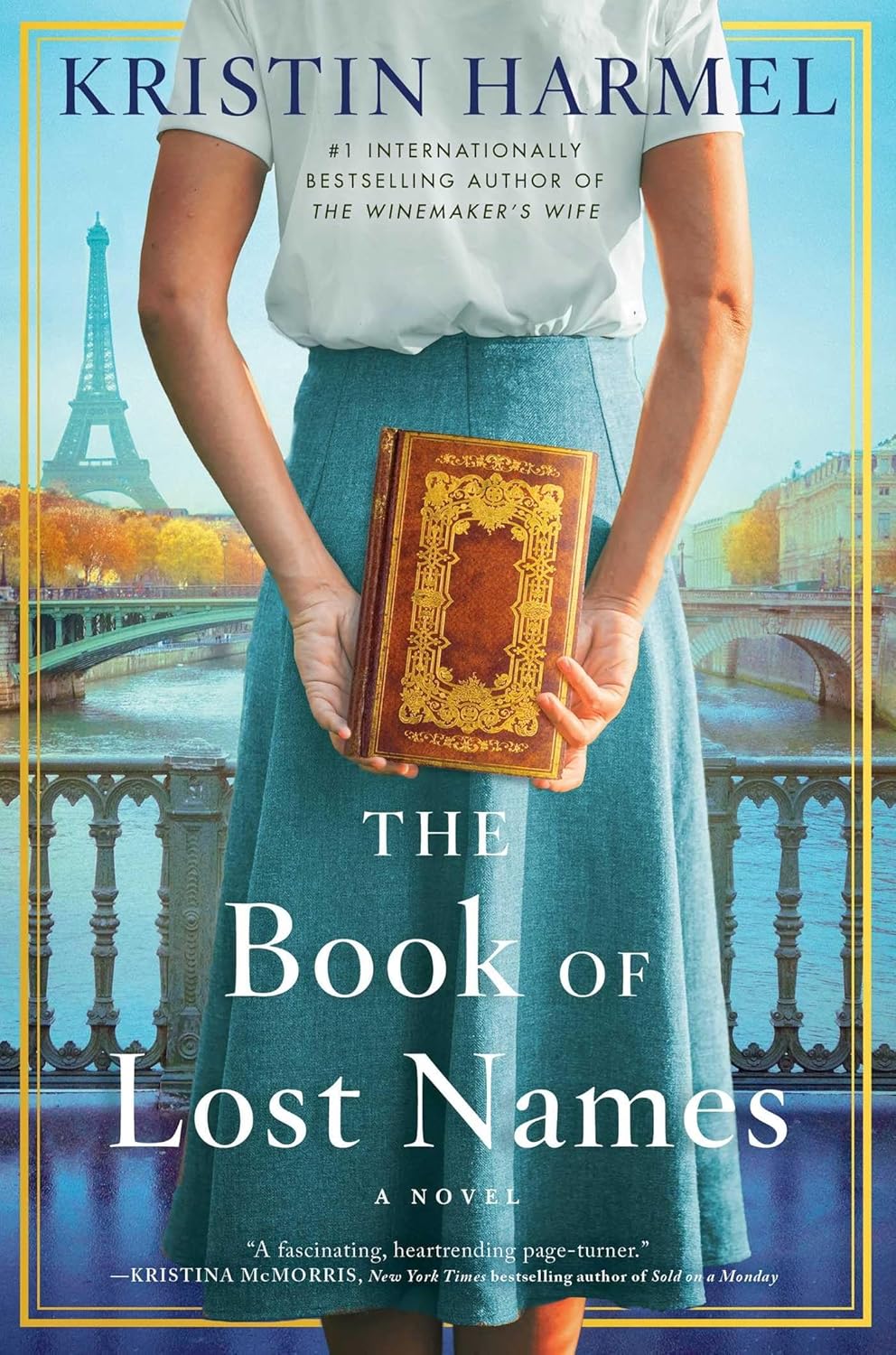 The book cover of The Book of Lost Names by Kristin Harmel featuring a vintage aesthetic with silhouettes of historical figures and hidden documents.