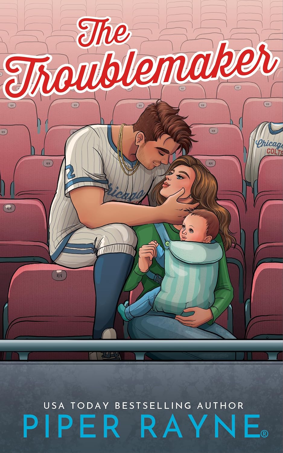 A vibrant book cover illustration for The Troublemaker by Piper Rayne, perfect for rom-com book lovers.