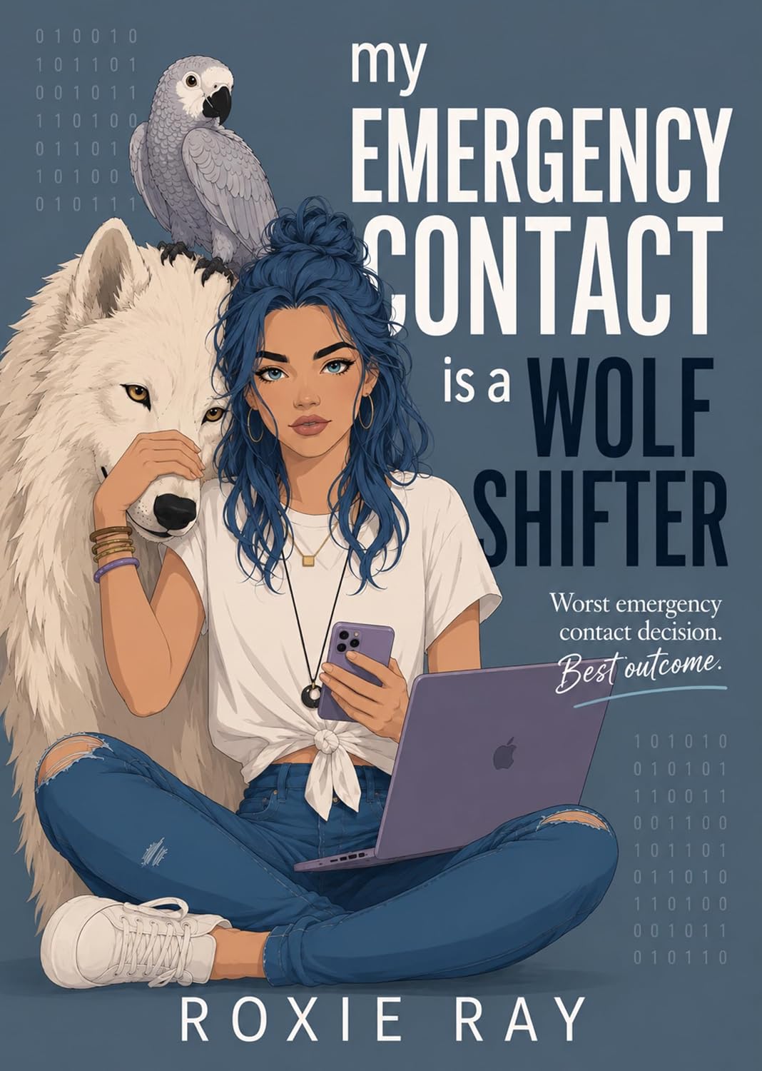 A dramatic book cover concept for My Emergency Contact is a Wolf Shifter by Roxie Ray featuring a glowing moon and a protective male silhouette.