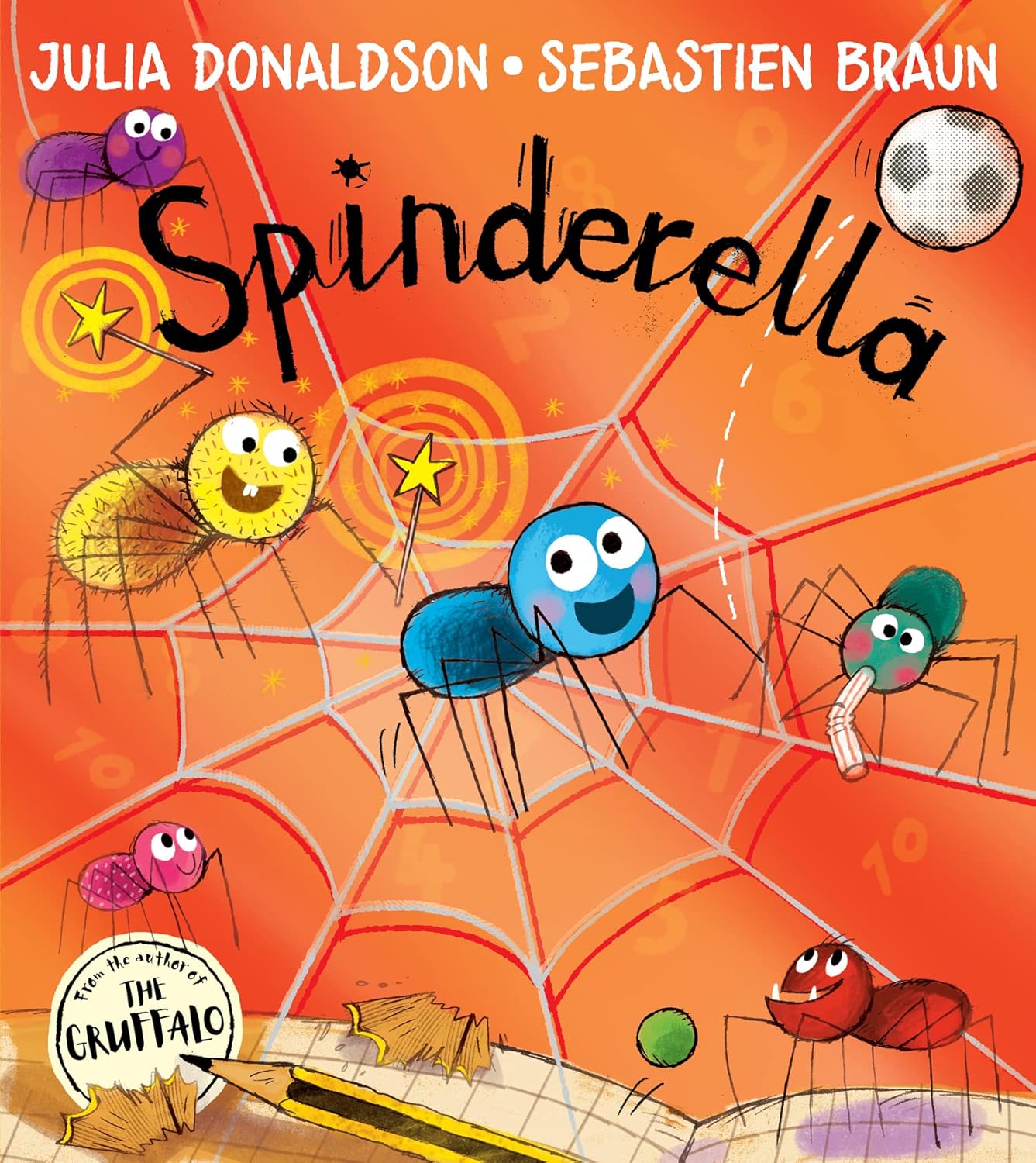 Front cover of Spinderella by Julia Donaldson showing a cute pink spider wearing boots and holding a green ball with a magical spider godmother above.