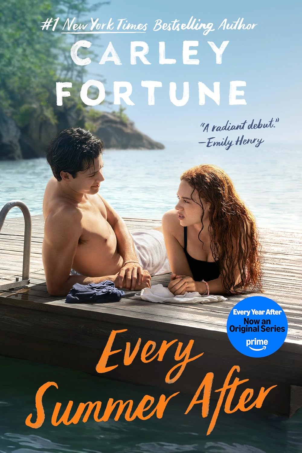 A vivid cinematic portrait of a lakeside wooden dock at sunset, capturing the nostalgic second-chance romance aesthetic of Every Summer After by Carley Fortune.