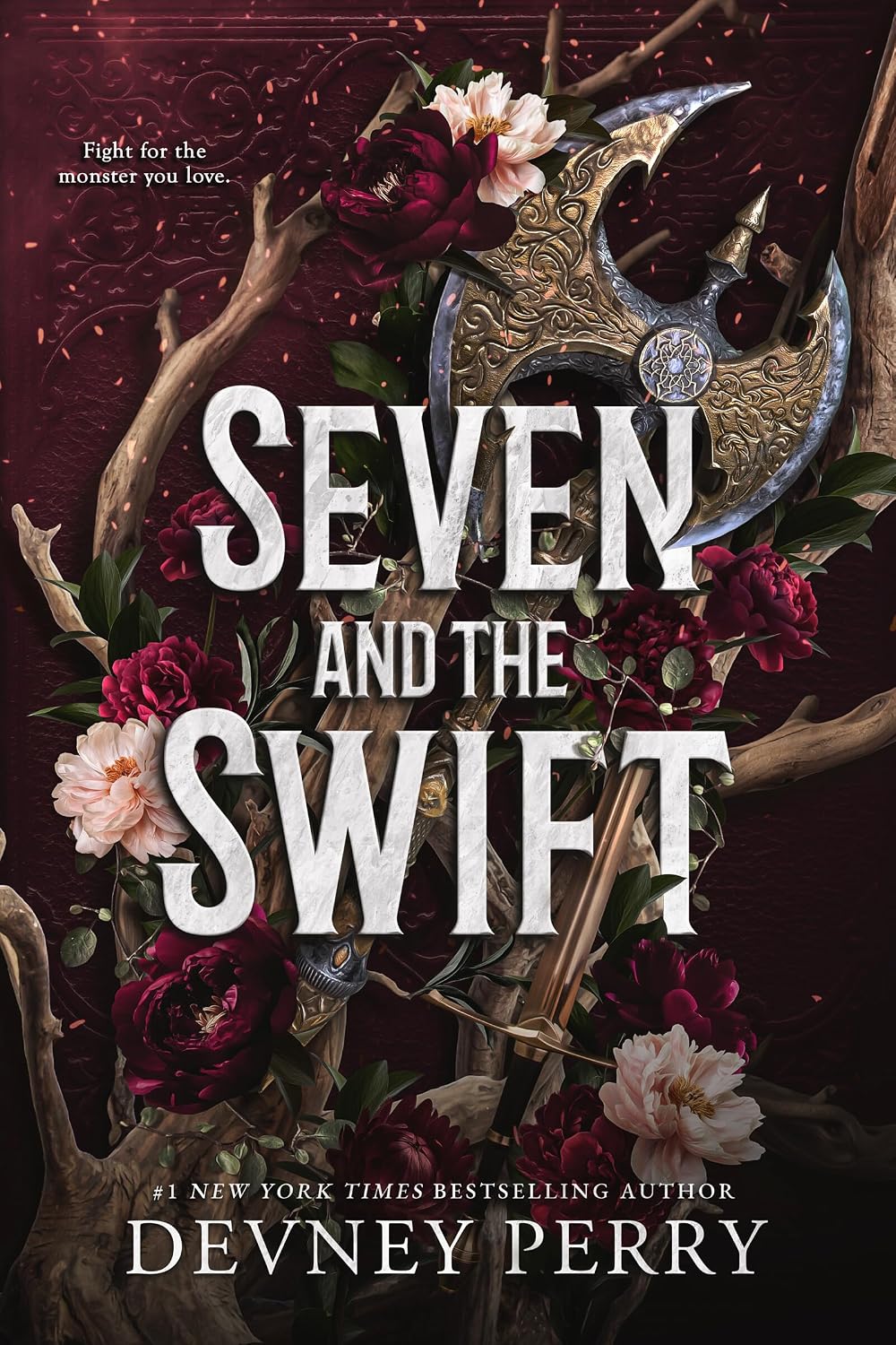 A dark, gothic fantasy crown intertwined with silver sparrow feathers and a glowing starlight blade, illustrating the Seven and the Swift Devney Perry review.