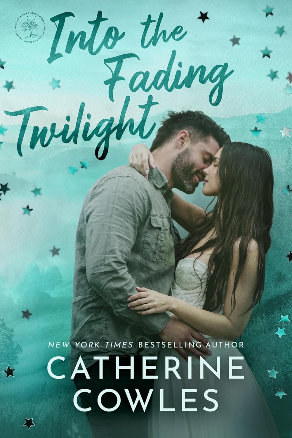 Official book cover of Into the Fading Twilight by Catherine Cowles featuring a deep teal background with towering evergreens and a waterfall.