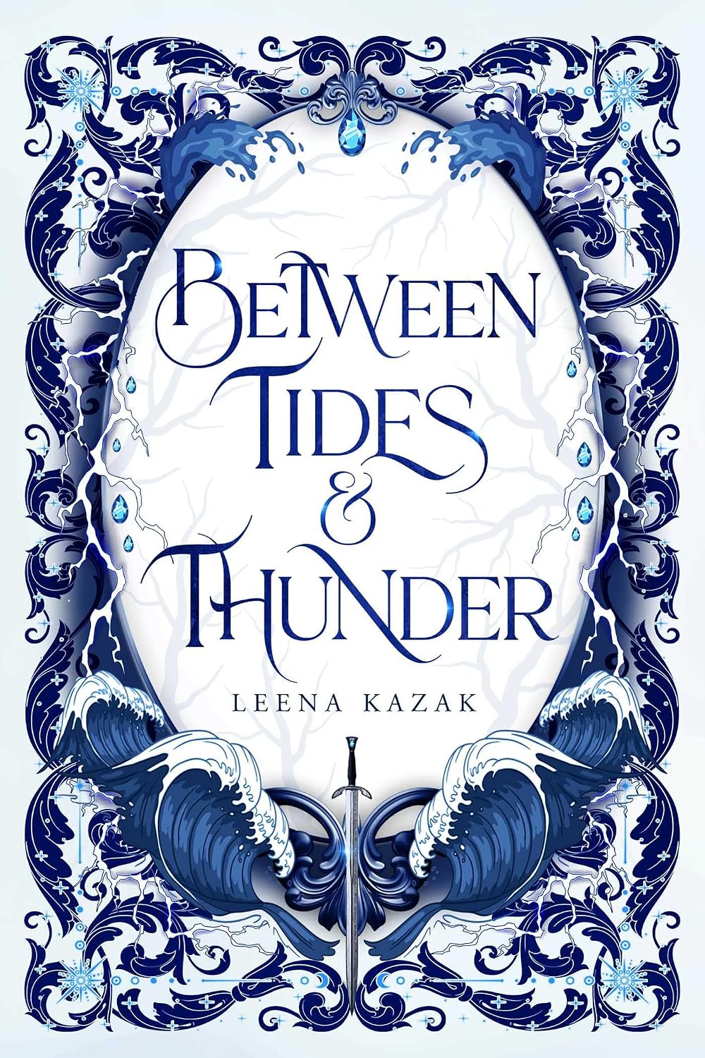 A high-contrast cover art of Between Tides & Thunder by Leena Kazak showing crashing bioluminescent waves and a stormy sky over an ancient island fortress.