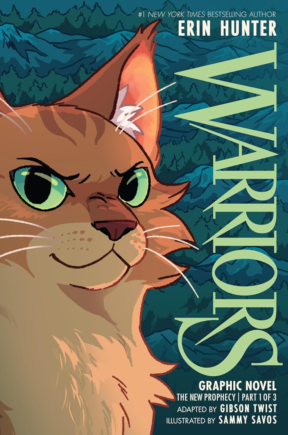 A vibrant panel illustration from the Warriors Graphic Novel showcasing Brambleclaw and Squirrelpaw tracking through the dense, moonlit forest.