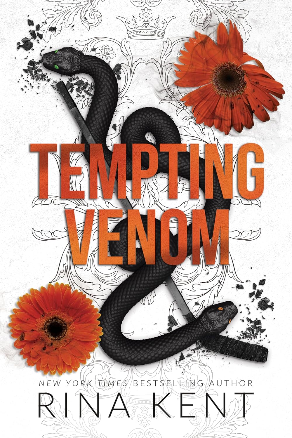 A brooding, dark book cover aesthetic representing the forbidden romance and intense themes of Tempting Venom by Rina Kent.