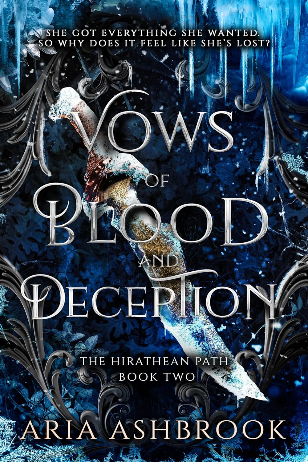 Dark gothic book cover illustration for Vows of Blood and Deception review featuring a crimson throne wrapped in silver thorns and dripping blood.