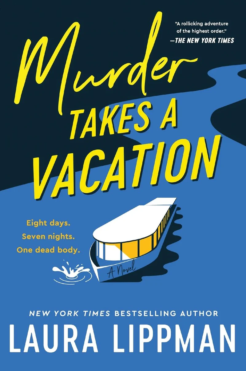 A vivid book cover layout for Murder Takes a Vacation by Laura Lippman featuring a beach chair under a stark, ominous shadow.